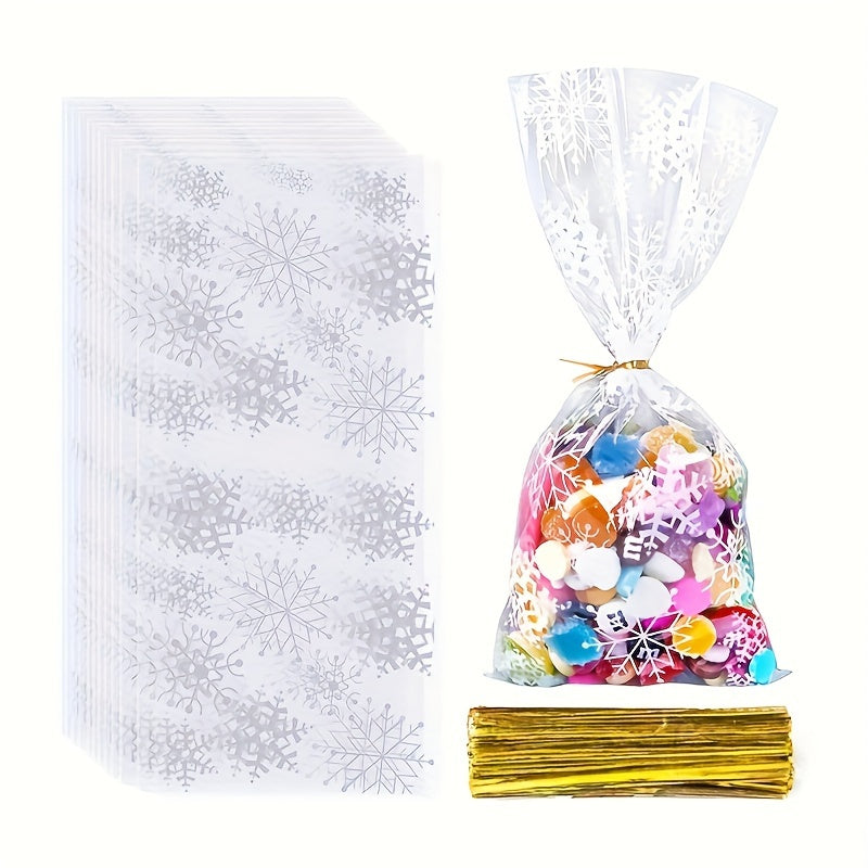 50 Snowflake Candy Bags with 100 Golden Twisted Ties for Party Supplies