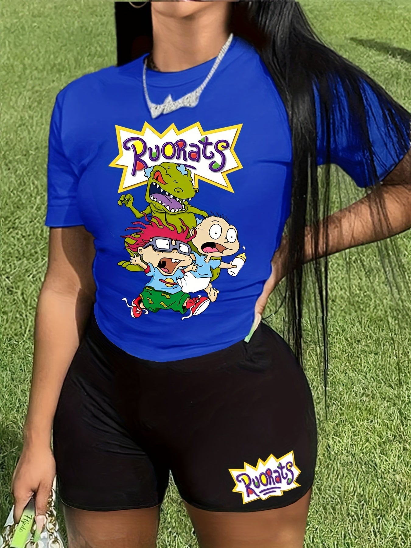  Cartoon Figure Print Short Sleeve Top & Shorts Outfits Set