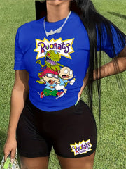  Cartoon Figure Print Short Sleeve Top & Shorts Outfits Set