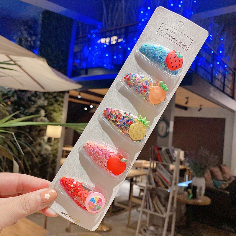 5 Pcs Sparkle Fruit Snap Hair Clips for Girls - Quicksand Bling Sequin Hairpins