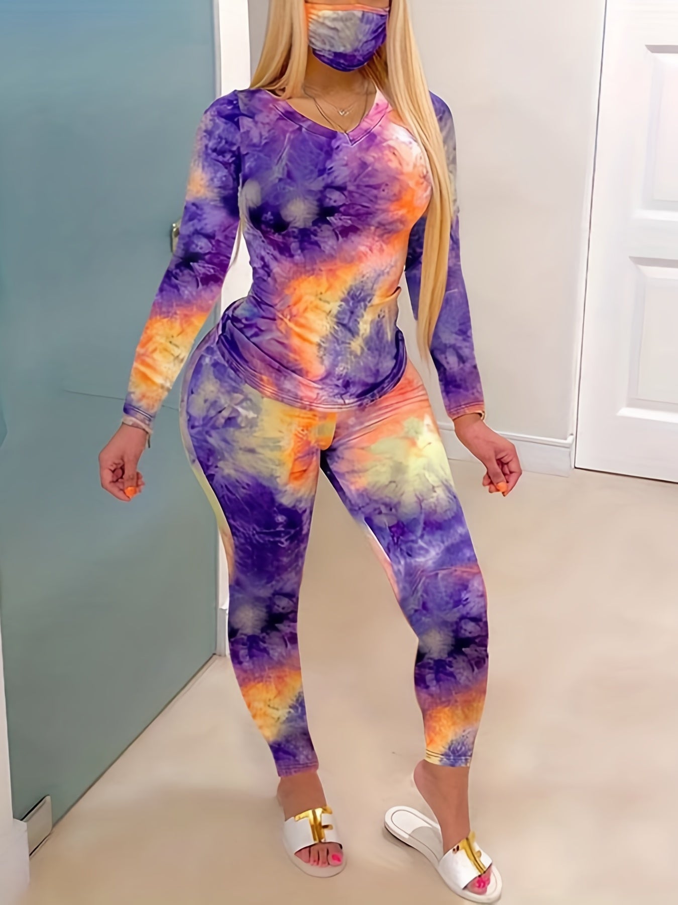  Tie Dye Long Sleeve V Neck Tee & Leggings Set