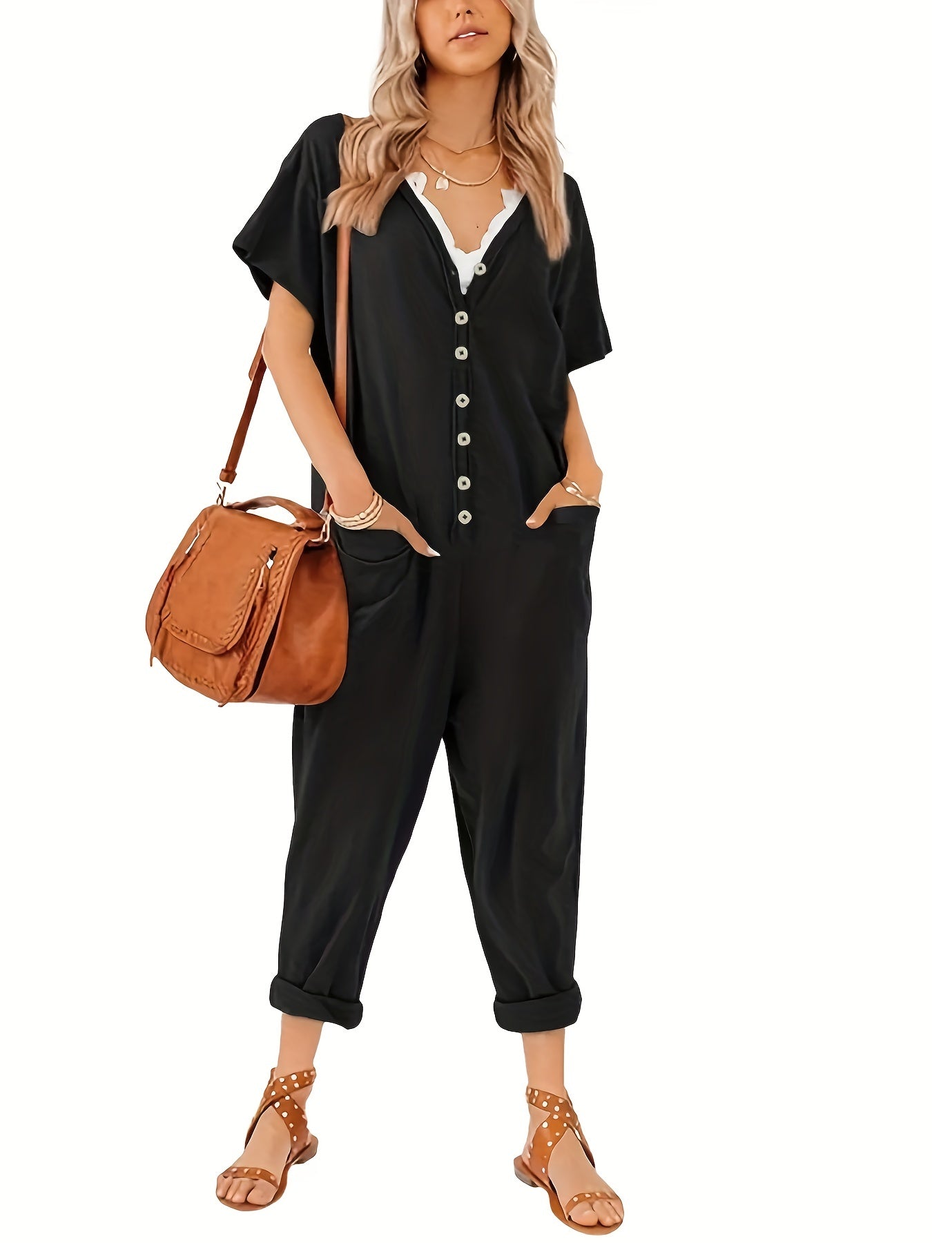 Women's Plus Button Up V Neck Short Sleeve Jumpsuit