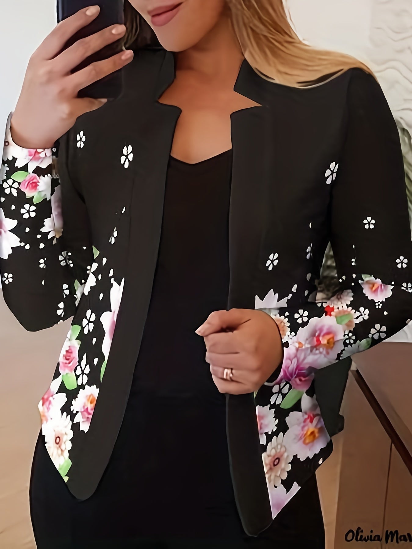  Floral Split Lapel Open Front Blazer Long Sleeve Slim Fit