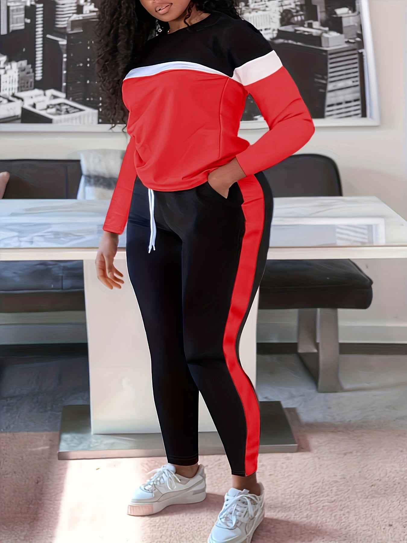  Colorblock Long Sleeve Round Neck Top & Pants Set