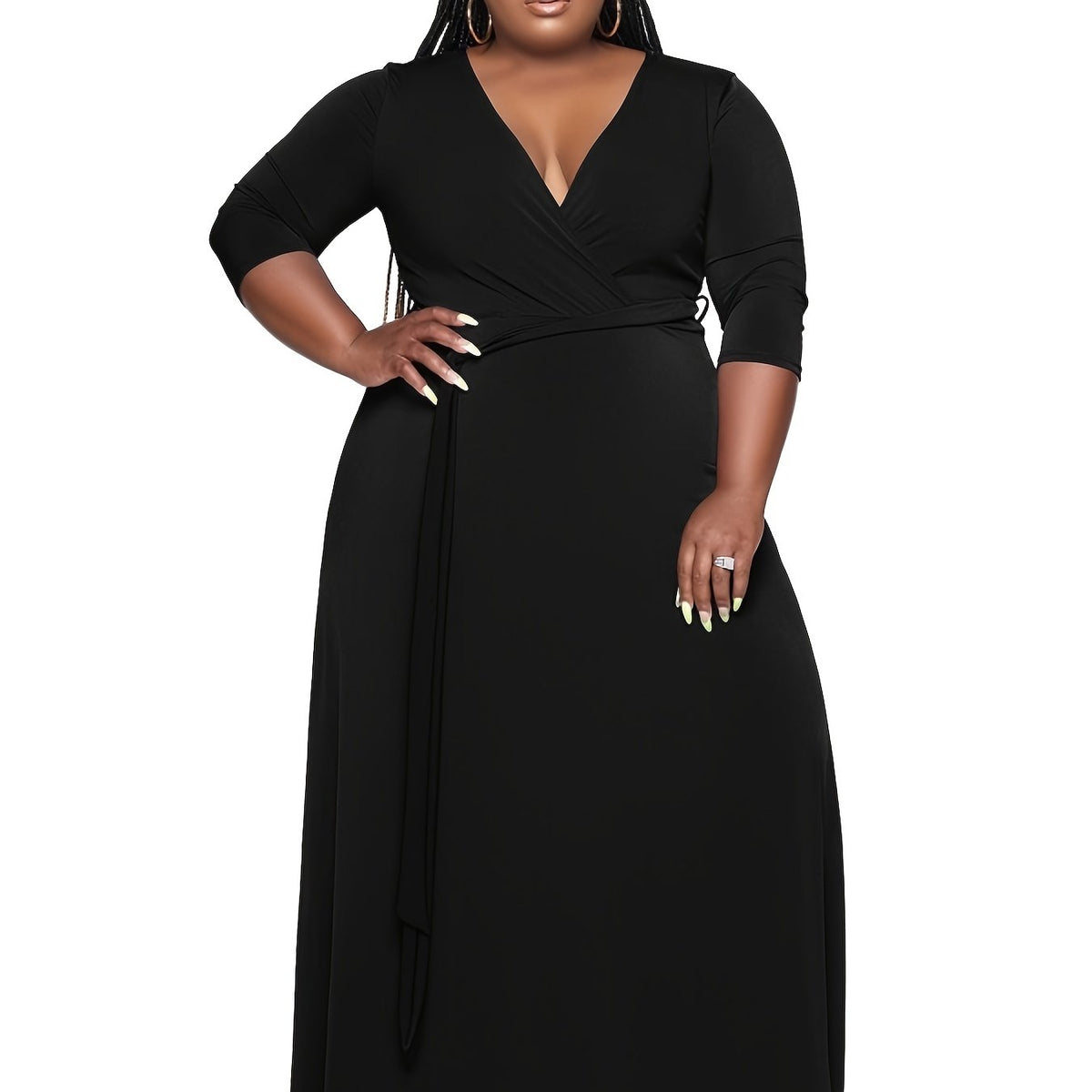  V Neck 3/4 Sleeve Maxi Dress With Belt Women's Plus Casual Long Dress