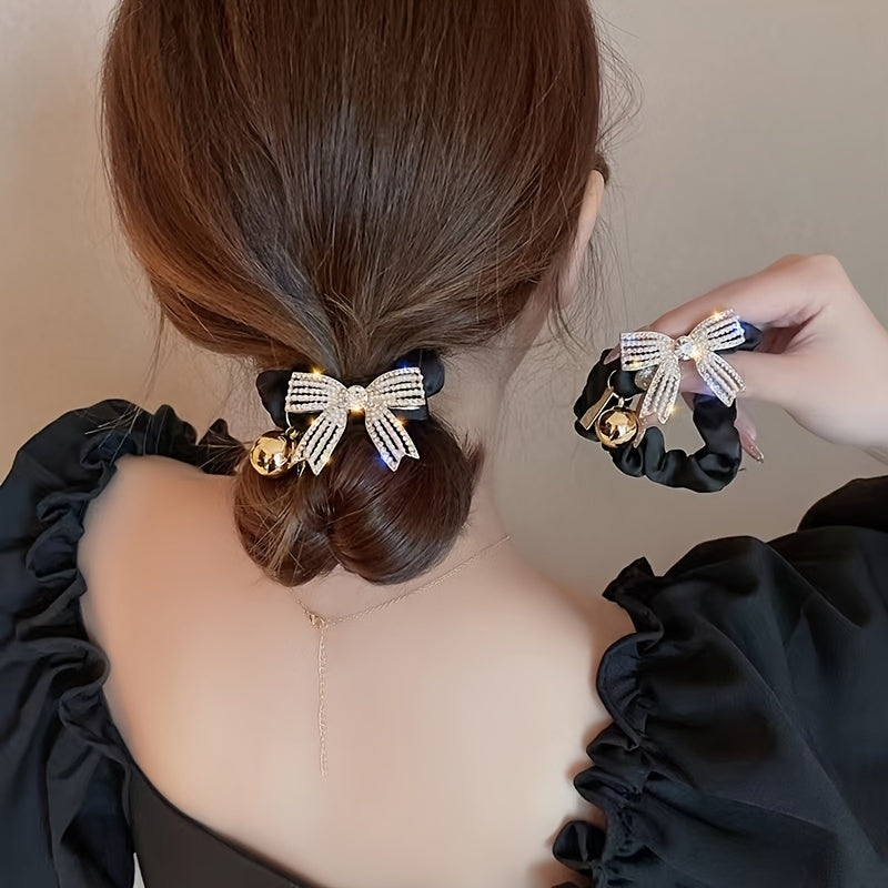 Golden Bead Rhinestone Bow Scrunchies Hair Ties Ponytail Holder