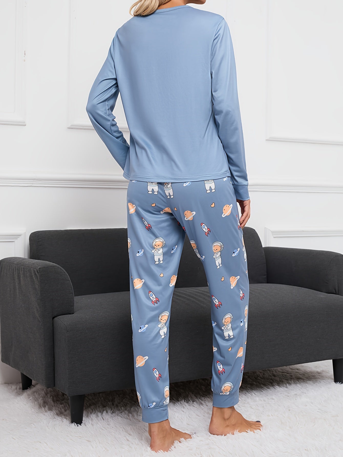 Bear Print Pajama Set Long Sleeve Top & Pants Women's Sleepwear