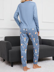 Bear Print Pajama Set Long Sleeve Top & Pants Women's Sleepwear