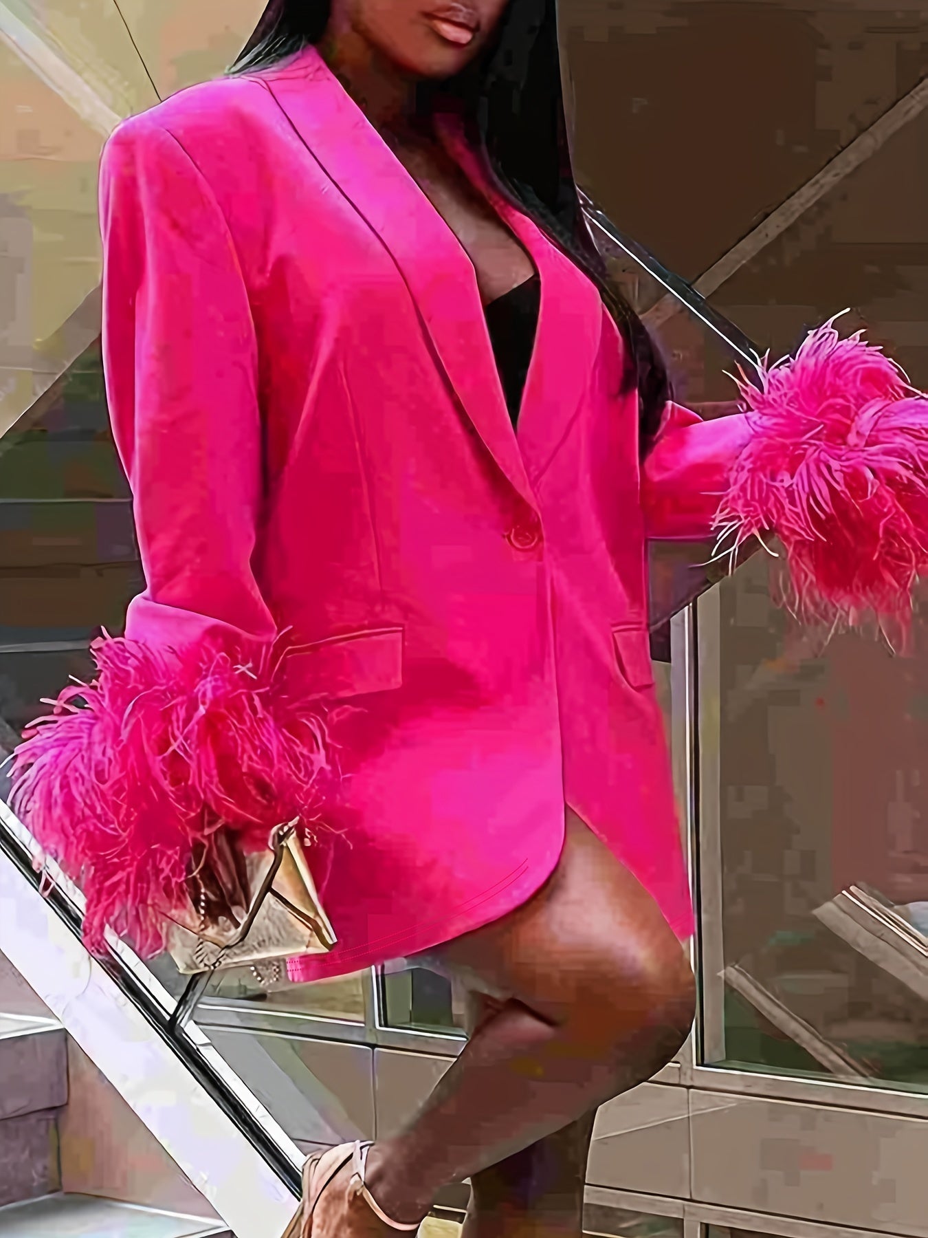  Solid Fuzzy Trim Long Sleeve Casual Blazer