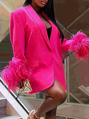  Solid Fuzzy Trim Long Sleeve Casual Blazer
