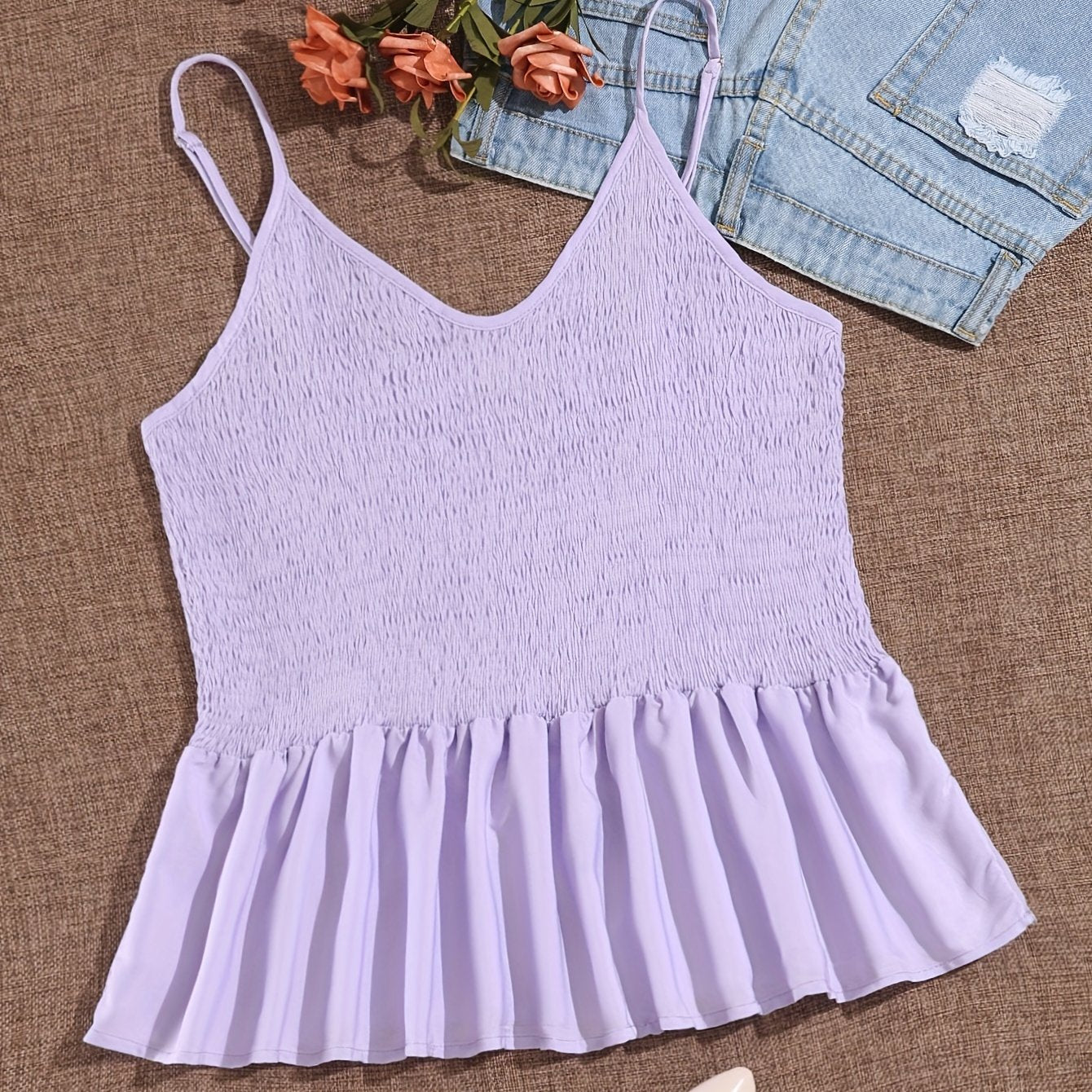  Solid Shirred V Neck Ruffle Trim Cami Top