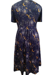  Women's Galaxy Print Cap Sleeve Stretch Pleated Dress