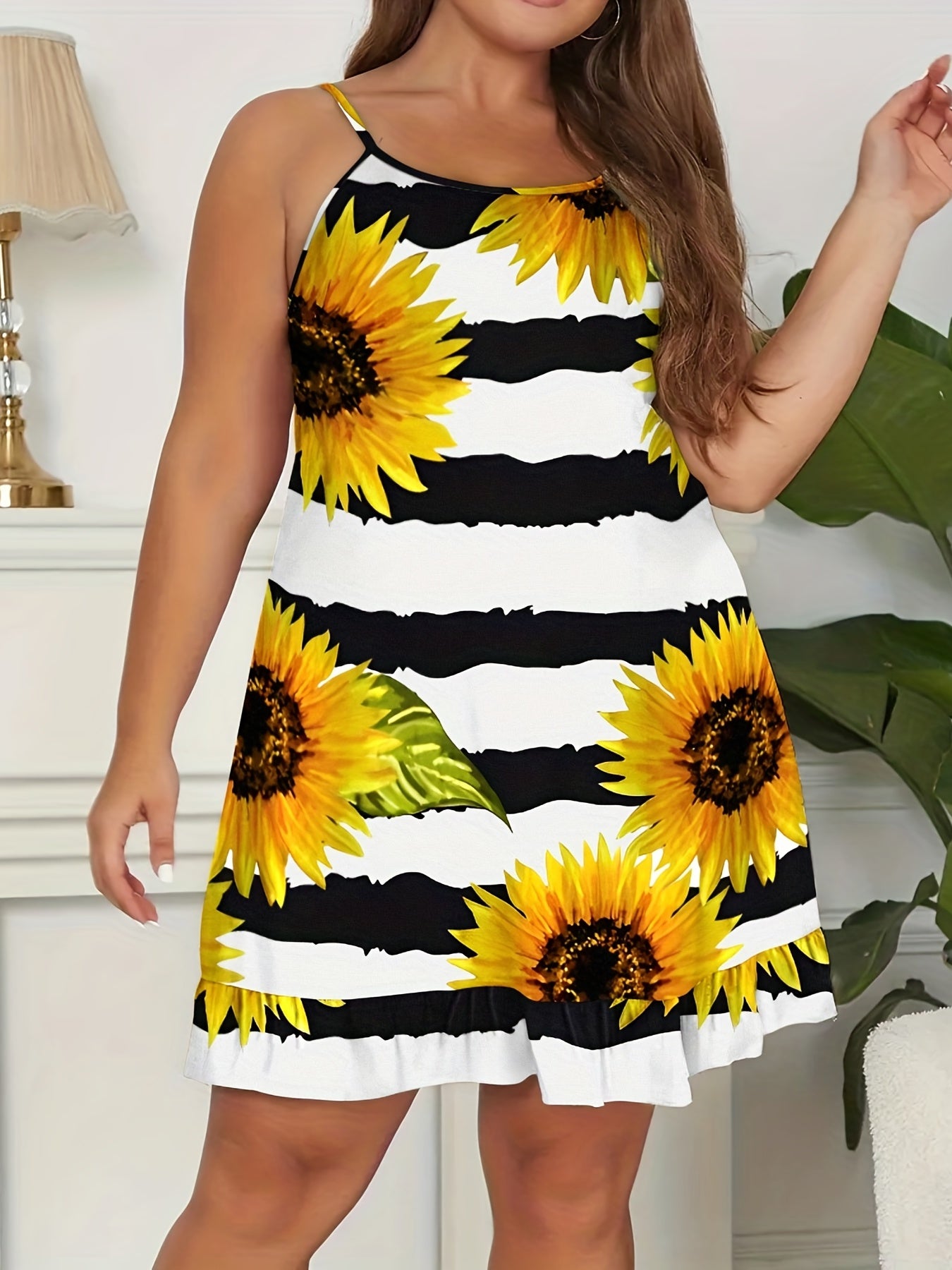  Sunflower & Stripe Print Ruffle Trim Cami Sleep Dress