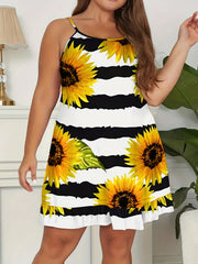  Sunflower & Stripe Print Ruffle Trim Cami Sleep Dress