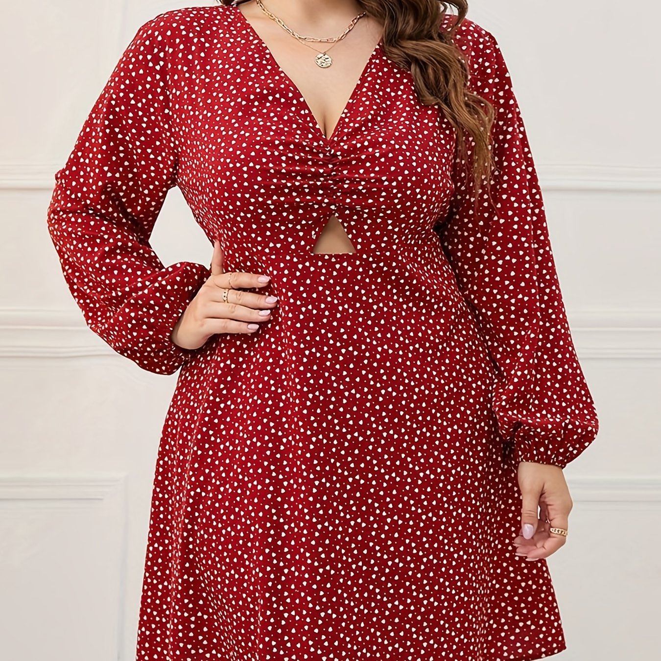  Heart Print Lantern Sleeve Dress