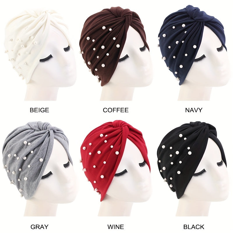 Faux Pearl Decor Turban Cap Solid Pleated Head Wrap