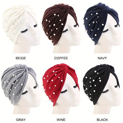 Faux Pearl Decor Turban Cap Solid Pleated Head Wrap