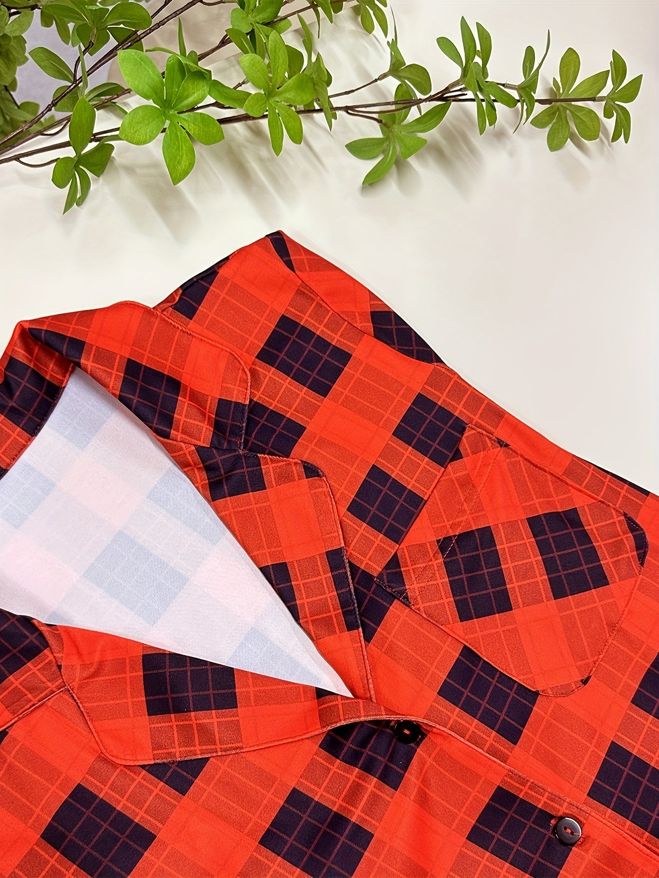 Plaid Print Button Lounge Dress Lapel Pocket Long Sleeve