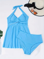  Solid Cross Front Halter Dress & Panty Swimsuit 2 Piece Set
