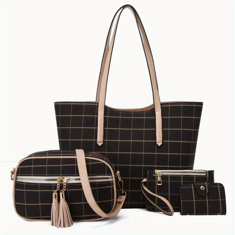 4Pcs Grid Pattern Tote Bag Set with Tassel Crossbody Bag