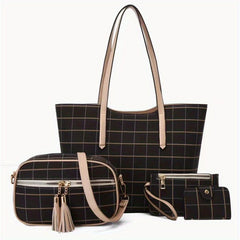 4Pcs Grid Pattern Tote Bag Set with Tassel Crossbody Bag