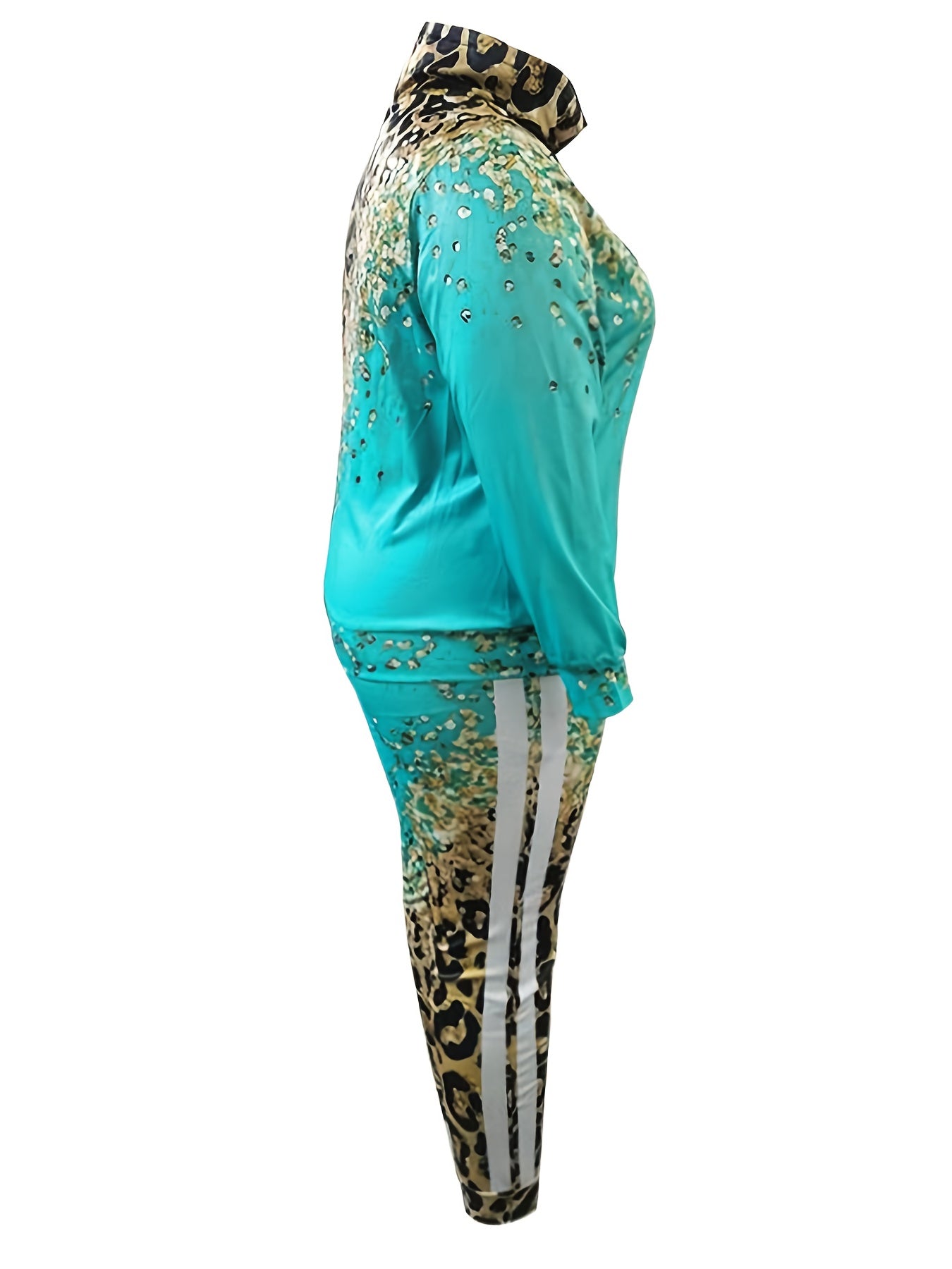  Colorblock Leopard Print Top & Pants Two Piece Set