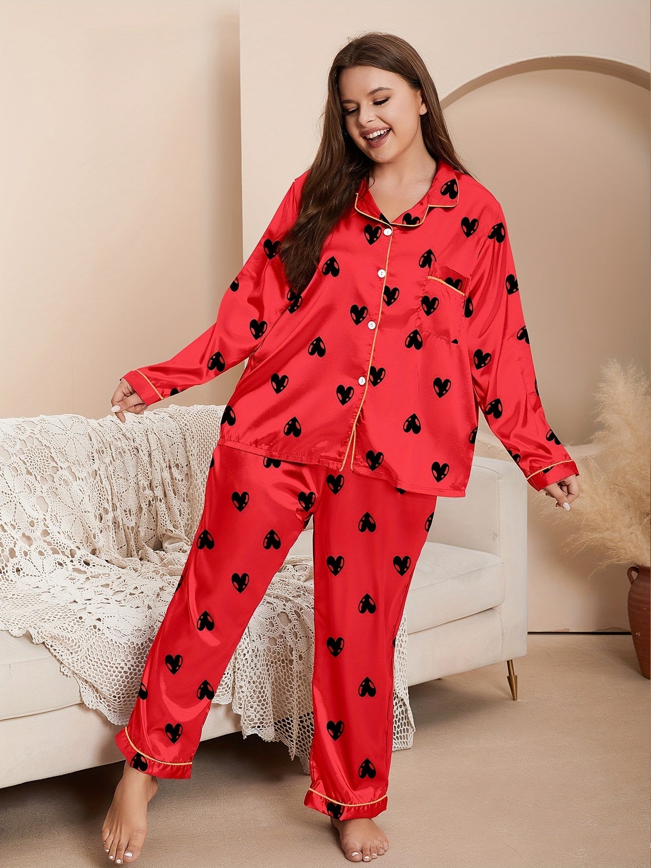  Halloween Party Pajamas Set Pumpkin Print Satin Shirt & Pants