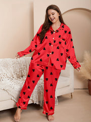  Halloween Party Pajamas Set Pumpkin Print Satin Shirt & Pants