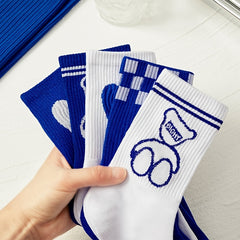 5 Pairs Love Bear Crew Socks Checkerboard Print Comfy Mid-tube Stockings