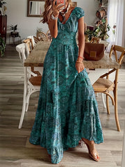  Floral Print Bubble Sleeve V Neck Nipped Waist Maxi Dress