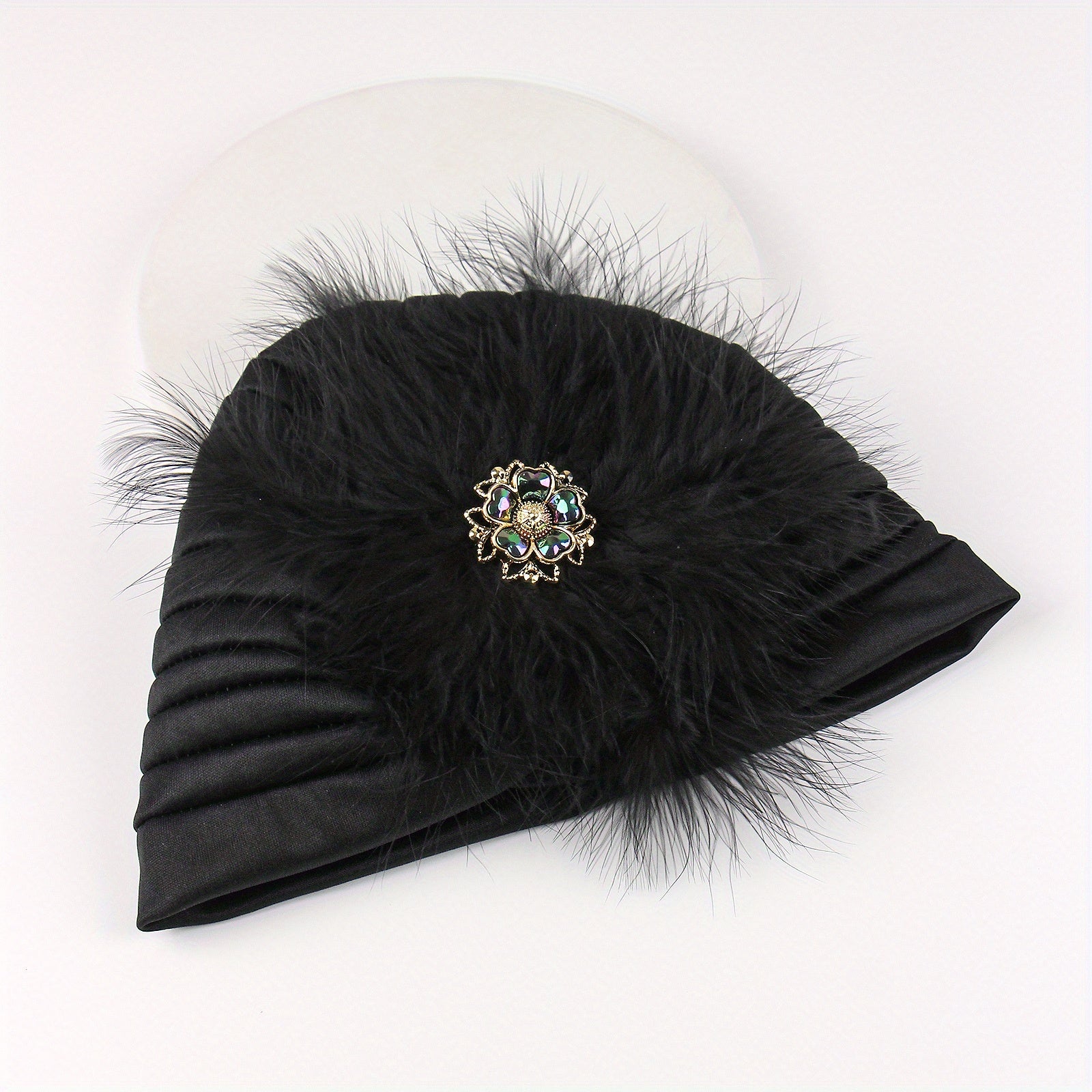 Faux Pearl Feather Turban Cap Bright Beanie Women Elastic Head Wrap