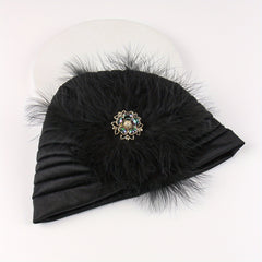 Faux Pearl Feather Turban Cap Bright Beanie Women Elastic Head Wrap