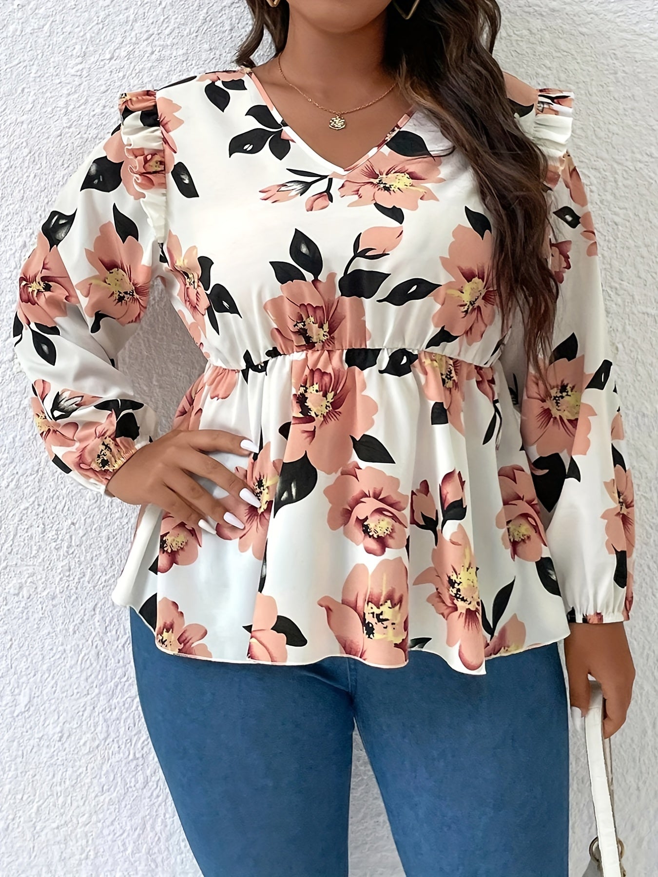  Floral Print Lantern Sleeve V Neck Ruffle Trim Bow Blouse