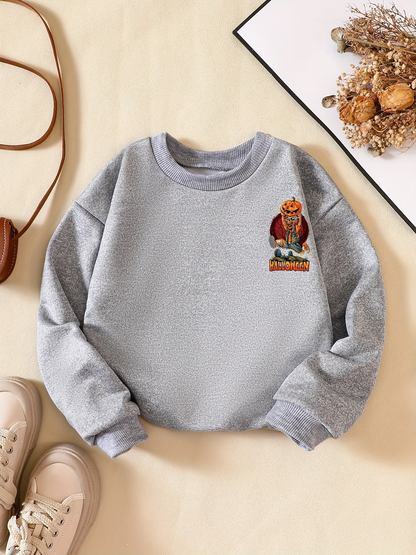 Boys Skeleton Pumpkin Print Sweatshirt Crew Neck Long Sleeve Pullover Top