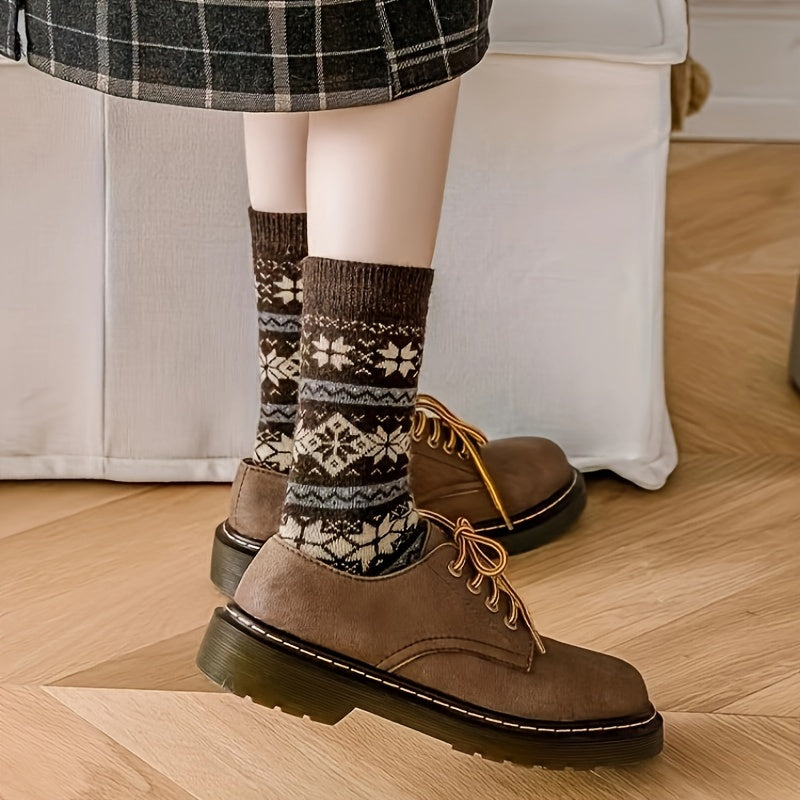 4 Pairs Plaid & Trees Print Socks Mid Tube Women's Stockings