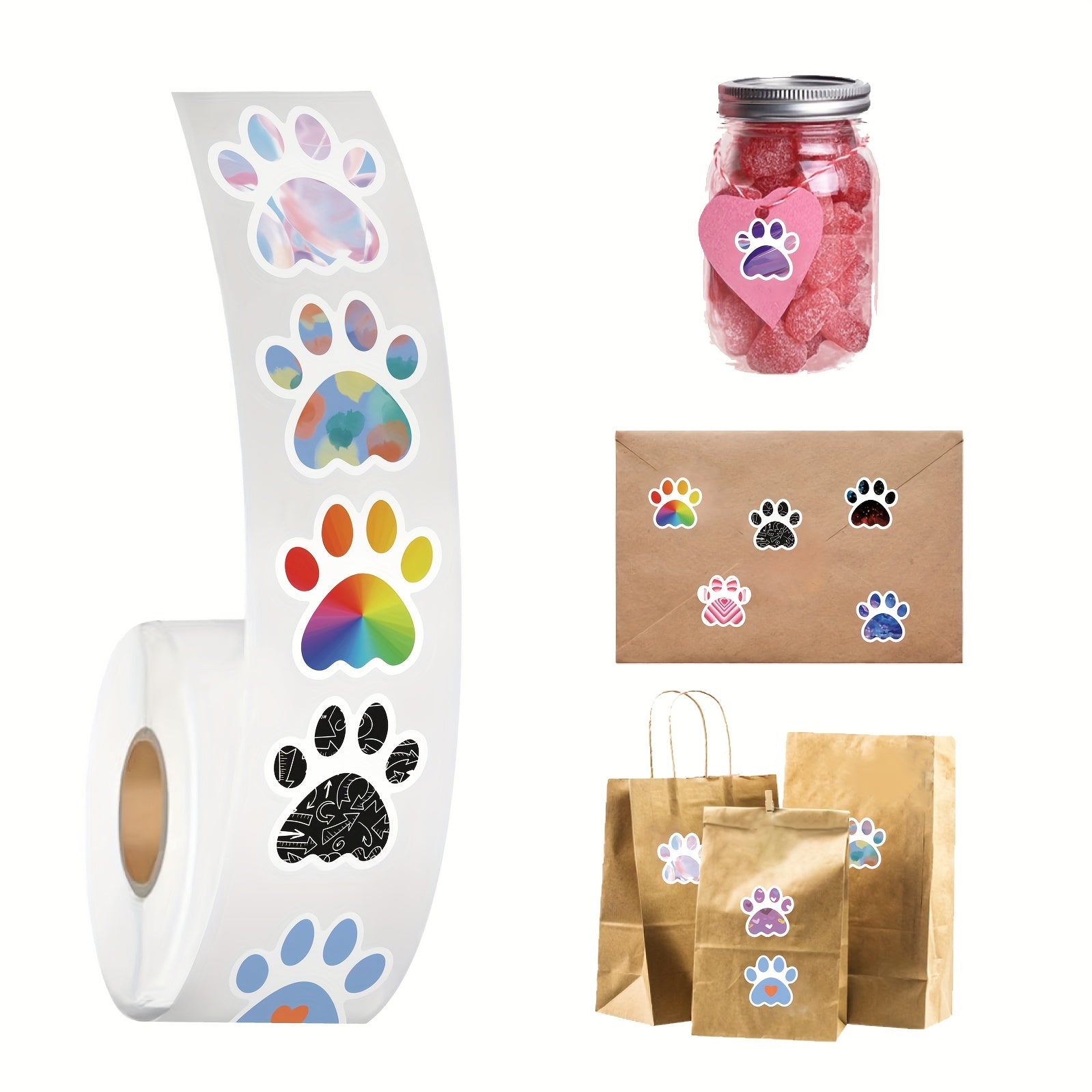 500 Colorful Dog Paw Sticker Roll for Water Bottles Laptops Luggage