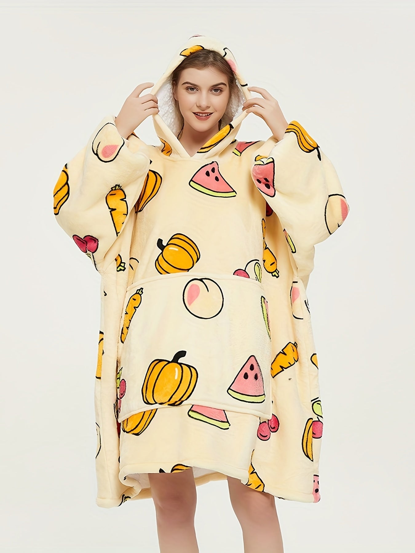  Halloween Lounge Robe Watermelon Pumpkin Print Hooded Flannel Blanket