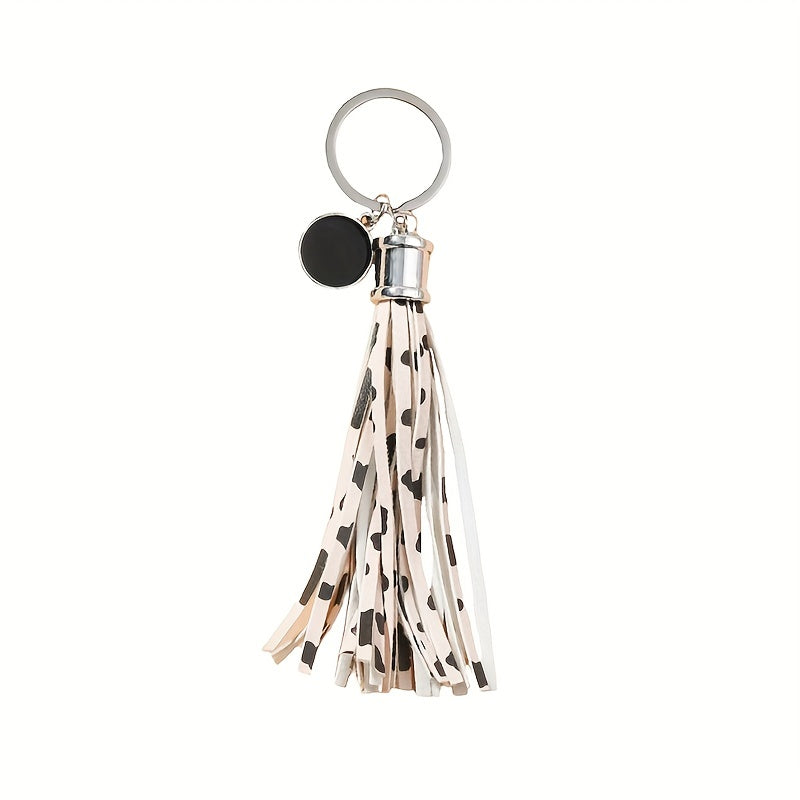 Cow Pattern Tassel Keychain PU Round Pendant Luggage Backpack Key Ring