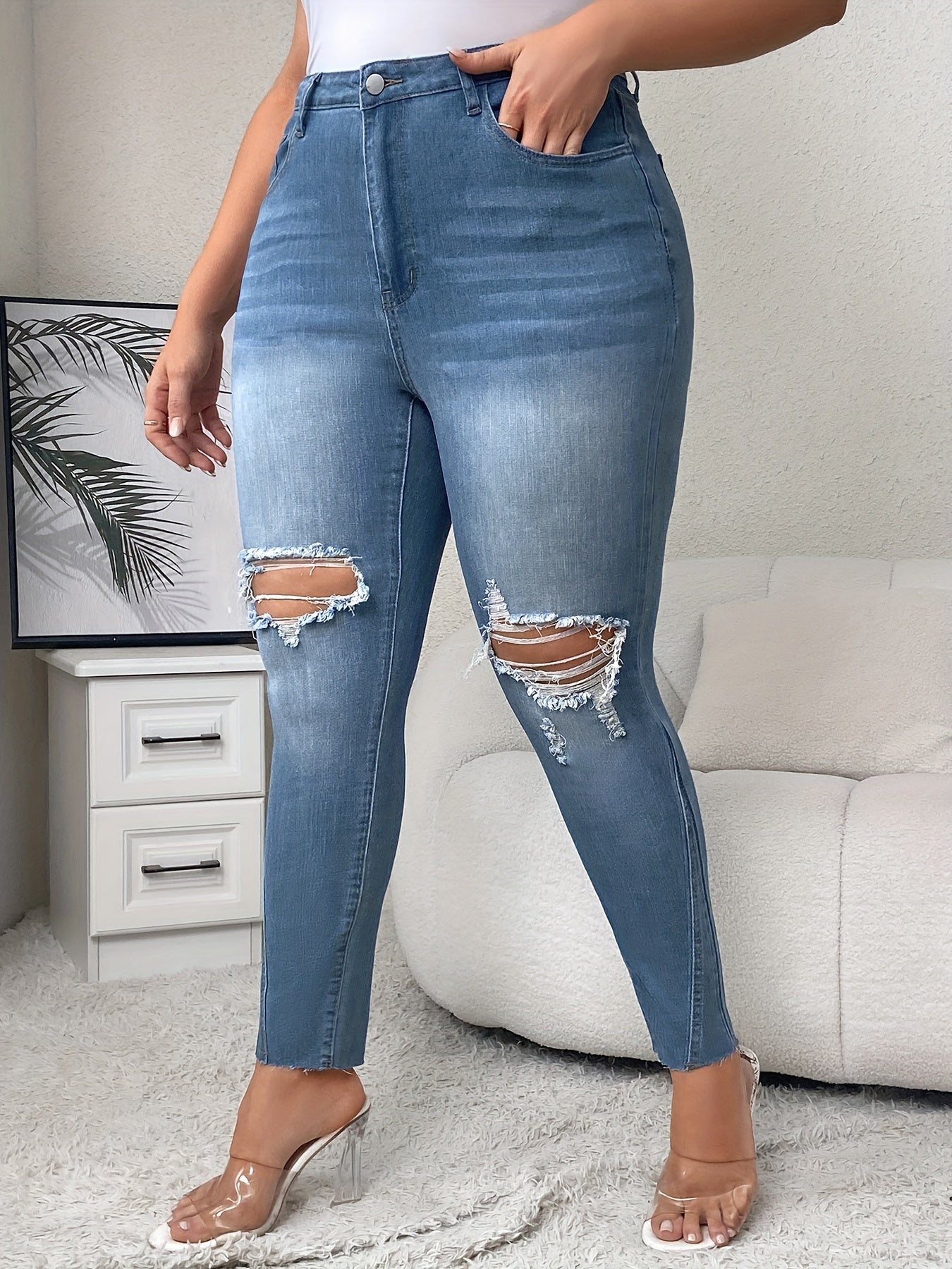 High Waisted Ripped Skinny Denim Pants
