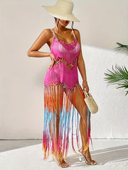 Colorful Fringe Criss Cross Crochet Cover Up Dress Scoop Neck Beach Coverup