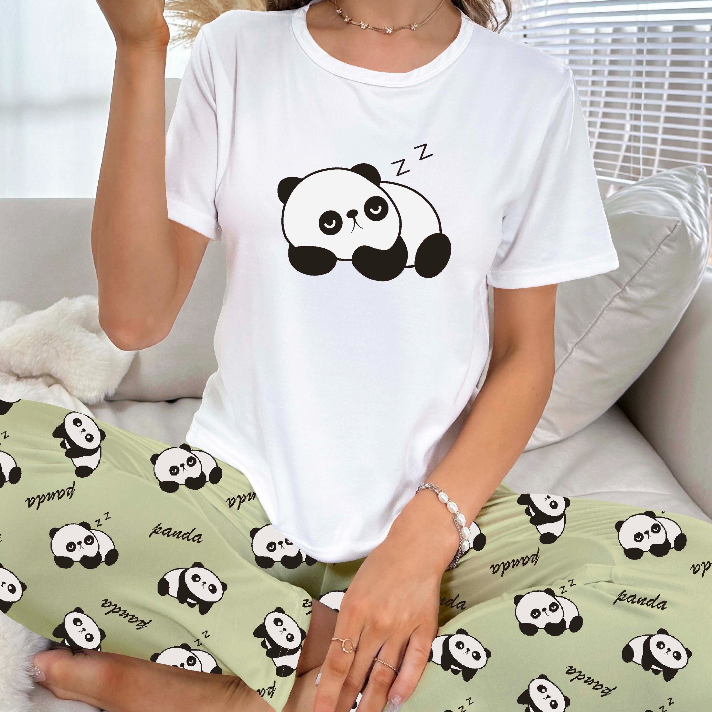 Cartoon Print Pajama Set & Crew Neck Top & Lounge Pants Women's Sleepwear