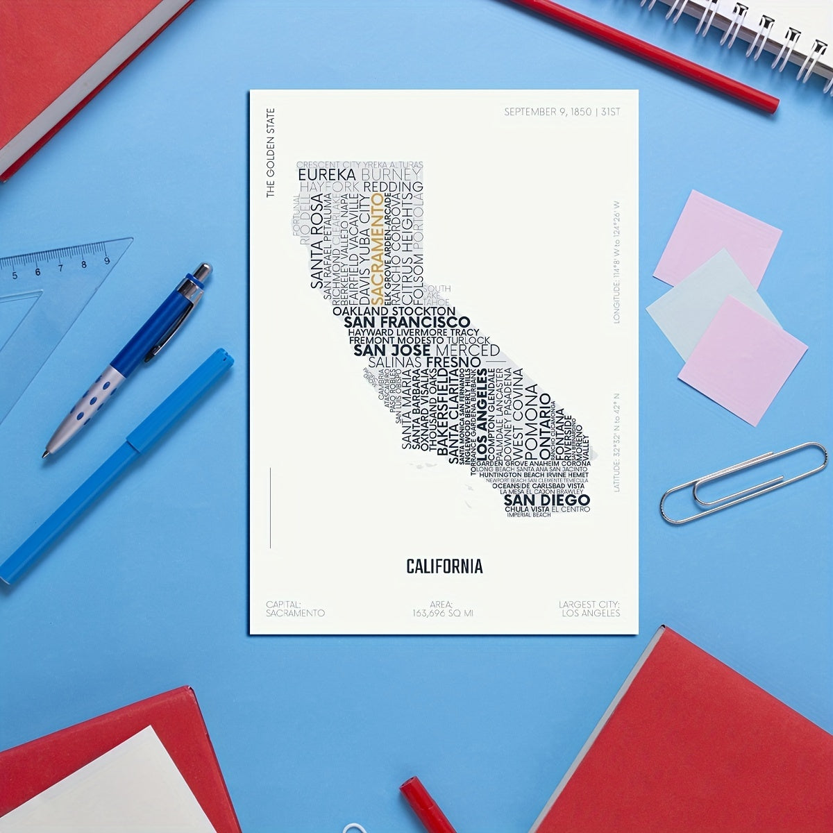 California State Letter Map Sticker Kids Room Art A5 A4