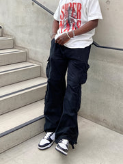 Men's Cargo Pants Wide Leg Long Trousers with Large Pockets