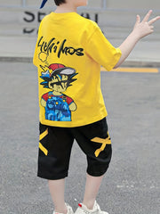 Boys Cartoon & Letter TShirt Set Round Neck Tees Top & Elastic Waist Shorts