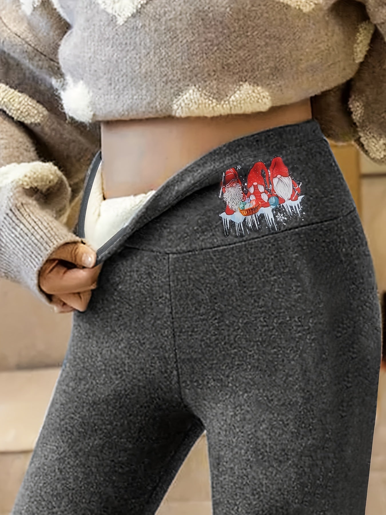  Sports Leggings Women's Plus Gnomes Print Fleece Lined Warm Pants
