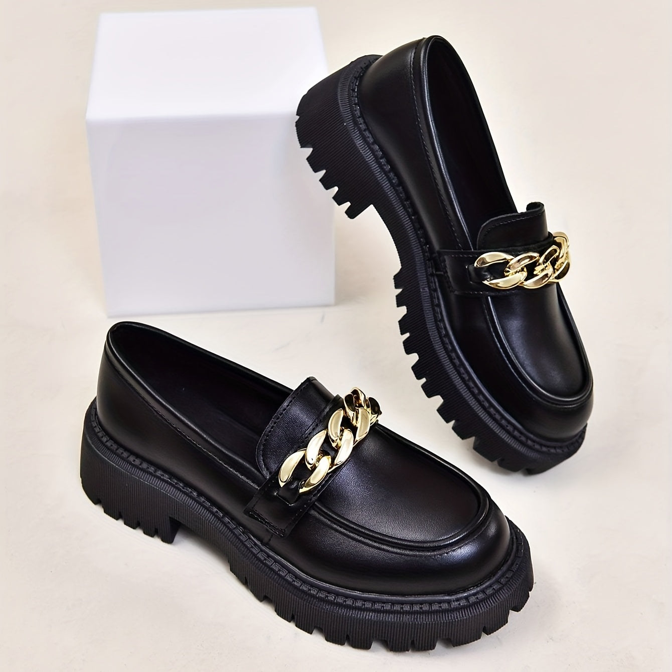 Women's Chain Decor Chunky Heel Loafers Slip On Faux Leather Shoes