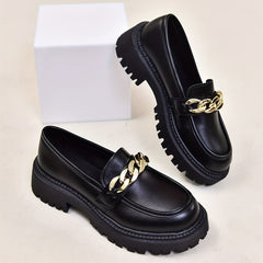 Women's Chain Decor Chunky Heel Loafers Slip On Faux Leather Shoes