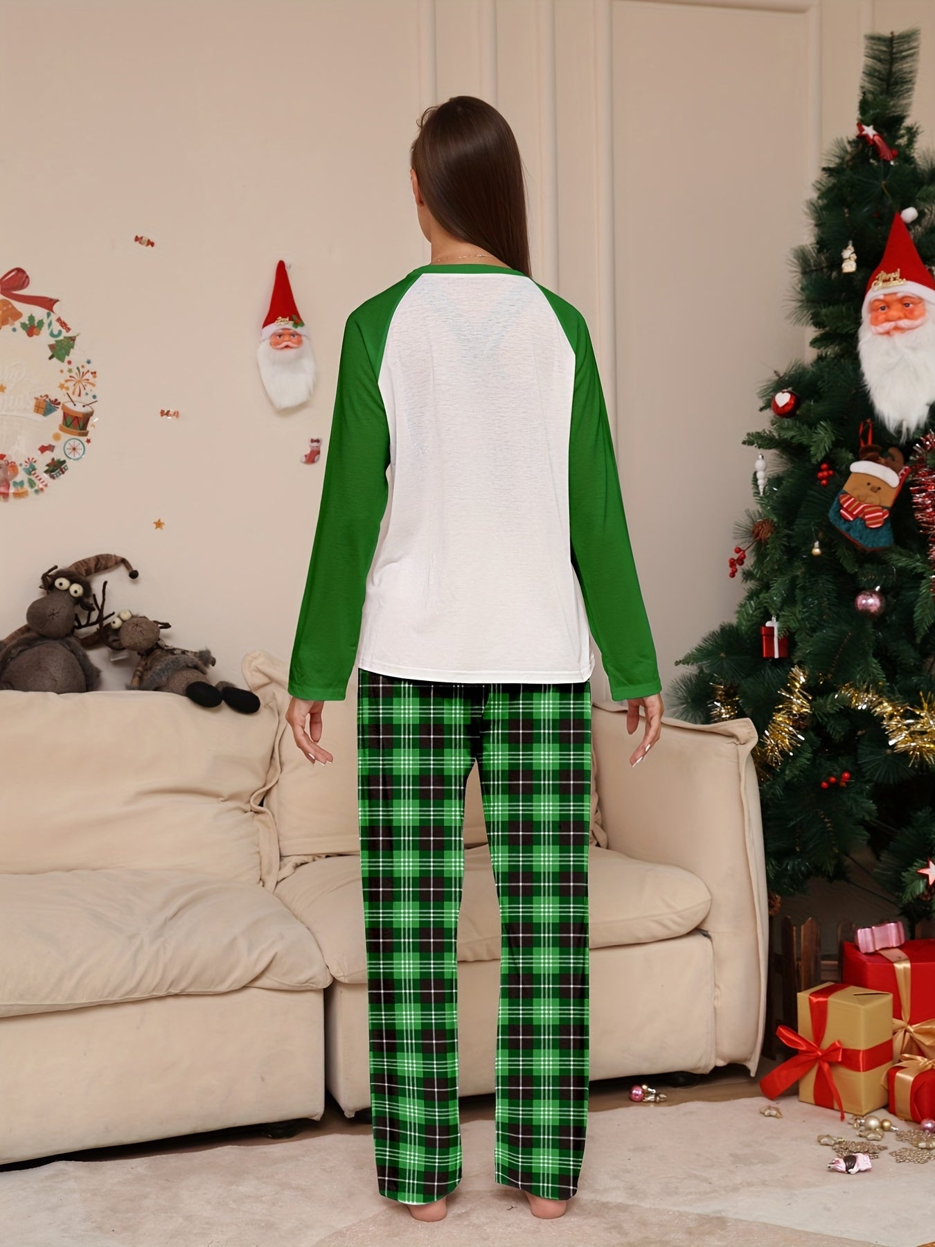 Dino Print Pajama Set Christmas Long Sleeve Crew Neck Top & Elastic Waistban