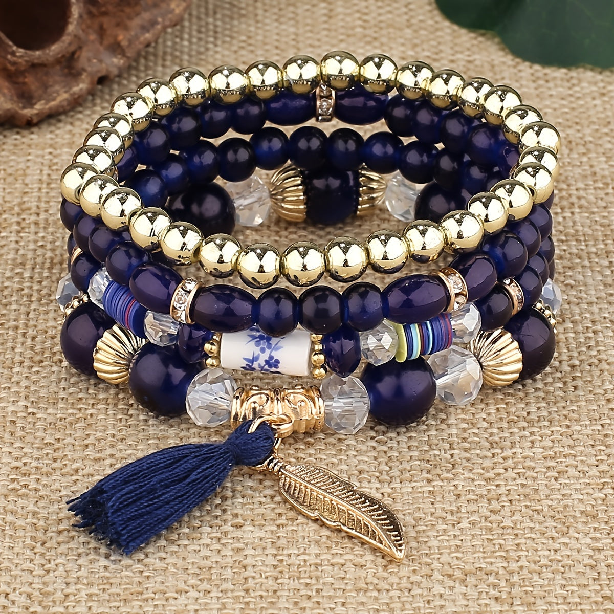 Bohemia Beaded Bracelets Tassels & Leaves Pendant Vintage Bracelet Set