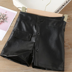 Girls PU Leather Patched Pocket Shorts Winter Clothes